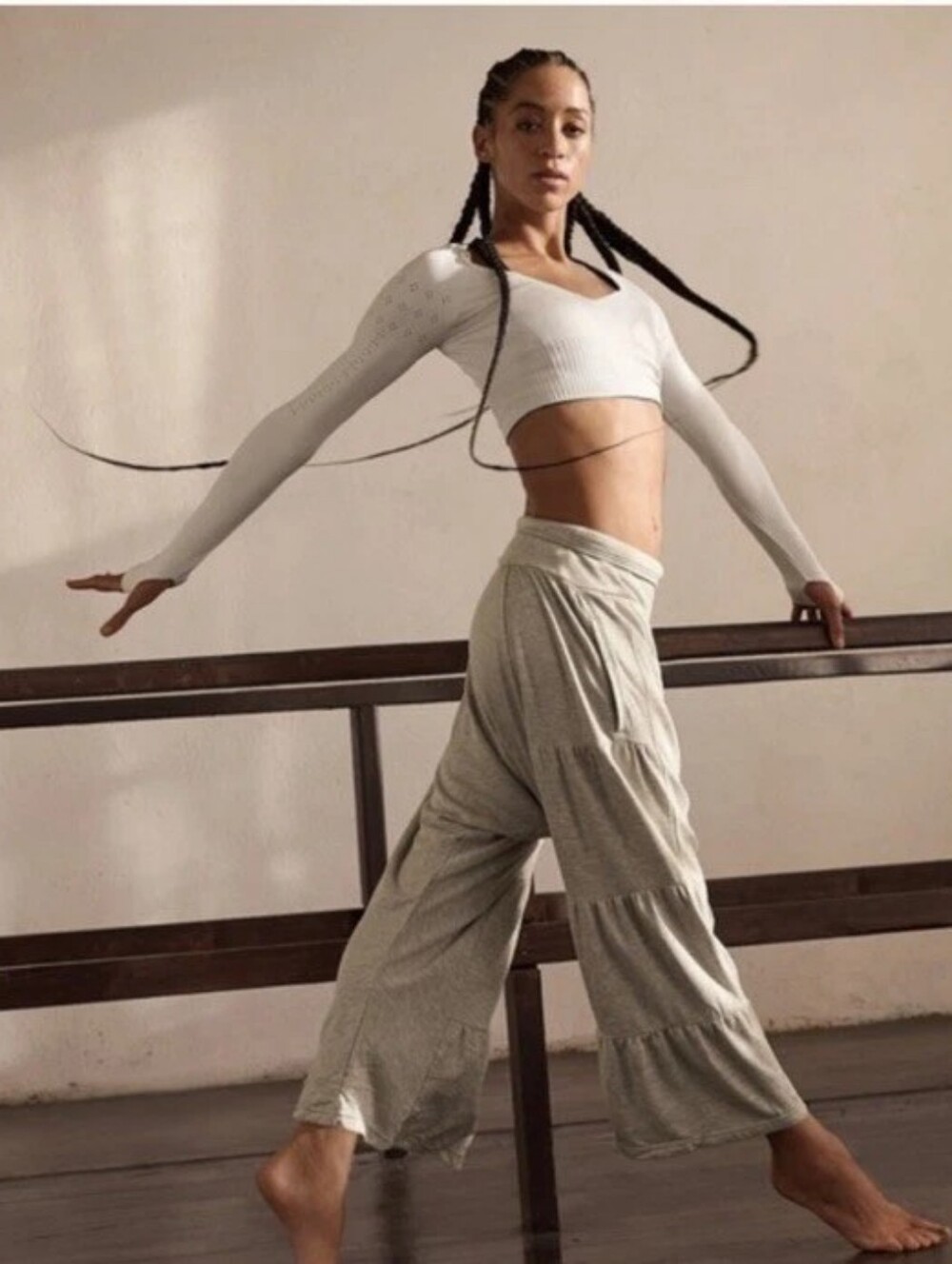 FP Movement by Free People White Ribbed Long Sleeve Crop Top